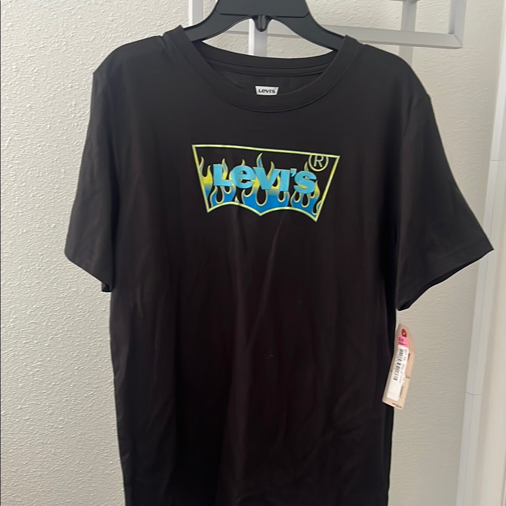 Levi's Black Tee with Blue and Yellow Flame Logo